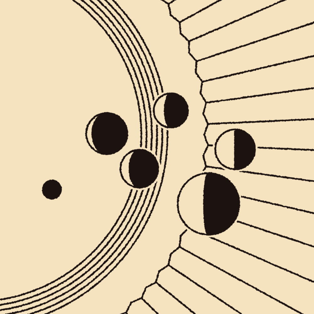 A two-color illustration of a group of planets floating around a shining star. Radial lines are coming out of the sun.