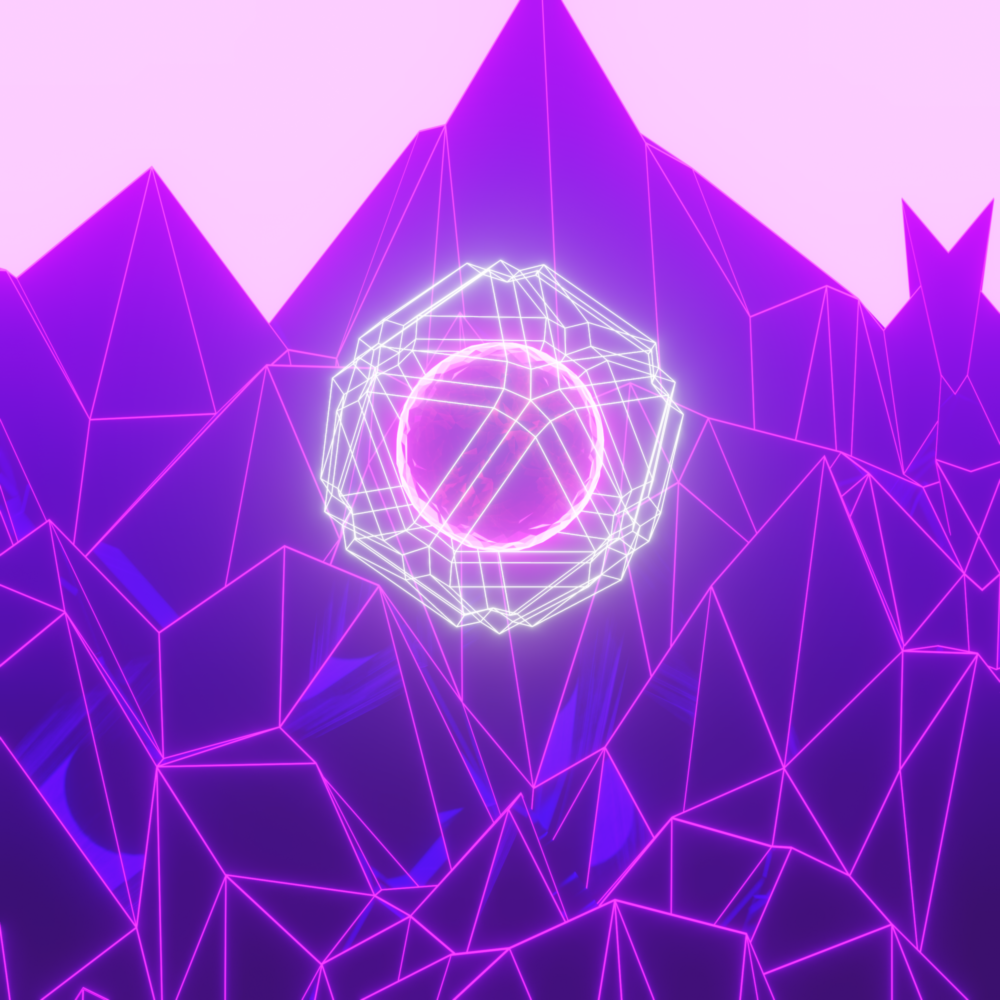 A sphere with pink edges is encased in a white wireframe polyhedron. It floats in front of a polygonal landscape with a glowing white background.