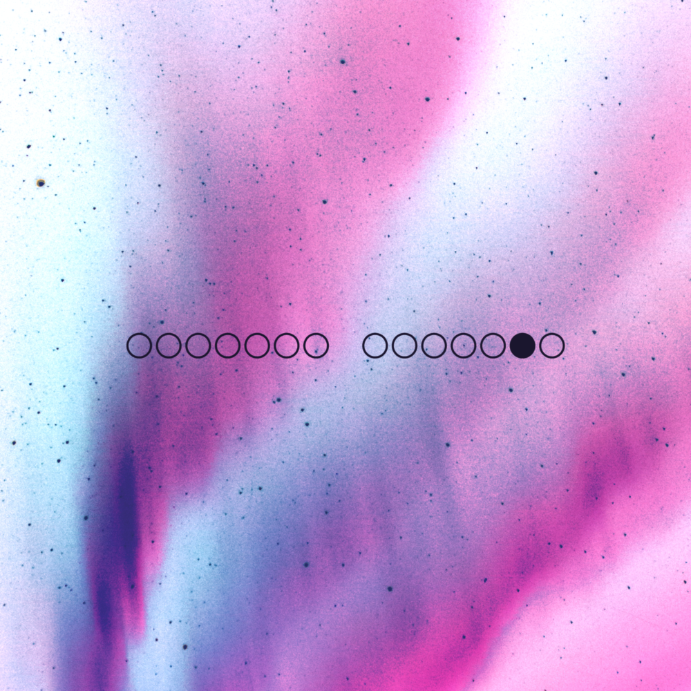 A white sky with desaturated purple auroras. There are fourteen black circles in the foreground.