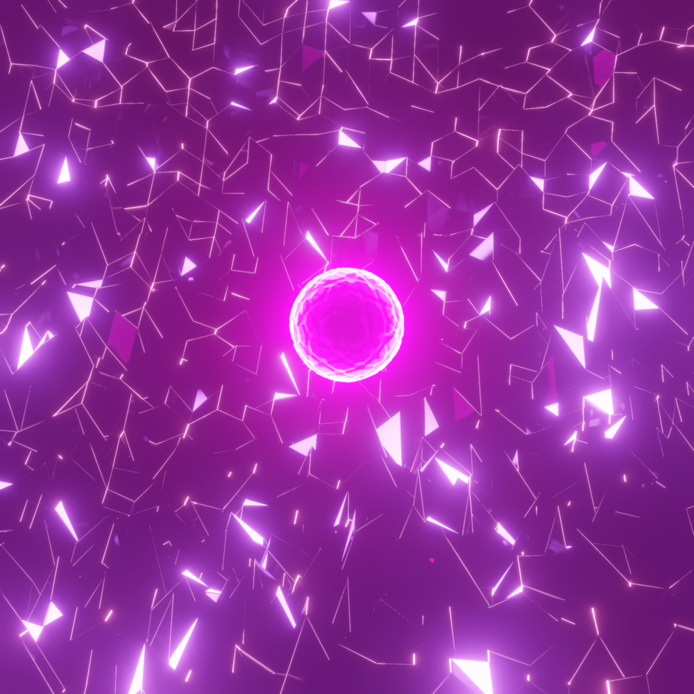 A floating pink sphere with glowing white edges. The light reflects on a shiny, glowing field of polygons below.