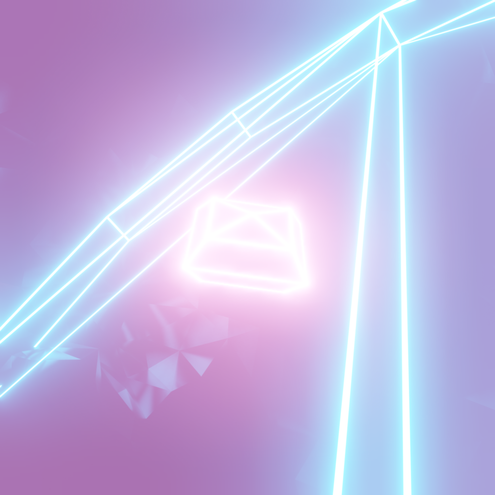 An overwhelmingly bright pink polyhedron floats. Cyan lasers firein front of and behind this object.