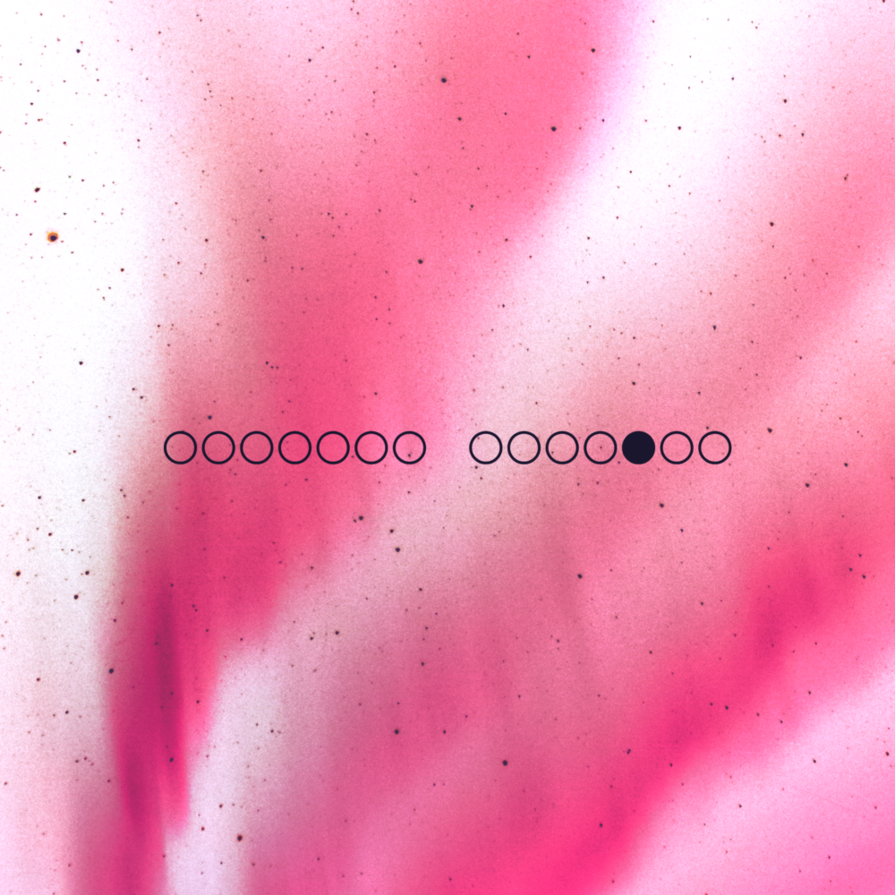 A white sky with coral red auroras. There are fourteen black circles in the foreground.