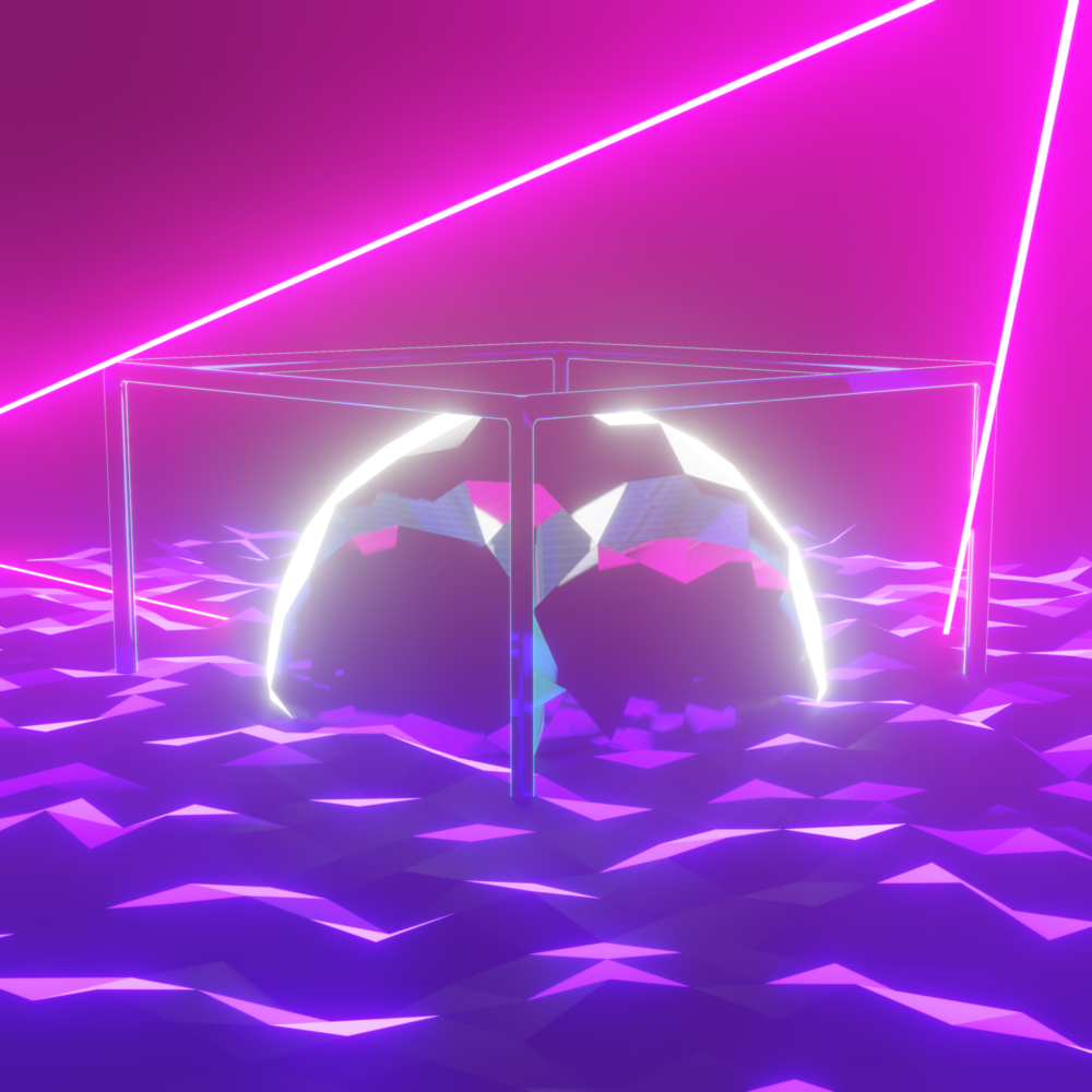 A big metallic and glowing polyhedral ball intersects a polygonal landscape. Pink and blue shapes jut out of the surface.
