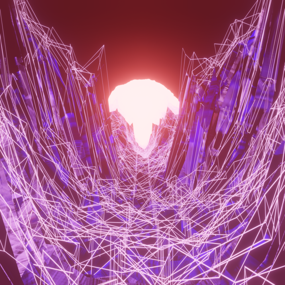 A valley of overlapping polygons glowing pink and blue, with a red sun in the distance.