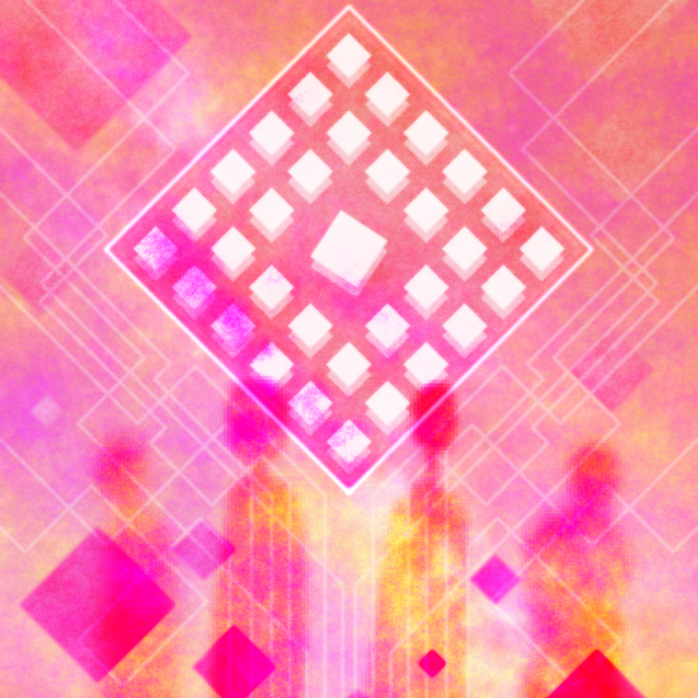 A pink atmosphere with a large, white diamond symbol floating. Four blurry figures appear in front.