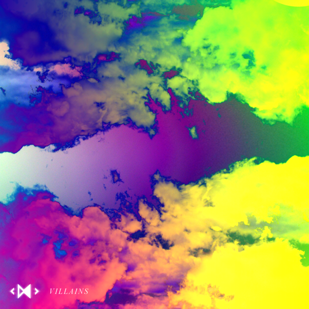 A purple sky with yellow, green, blue, and red clouds.