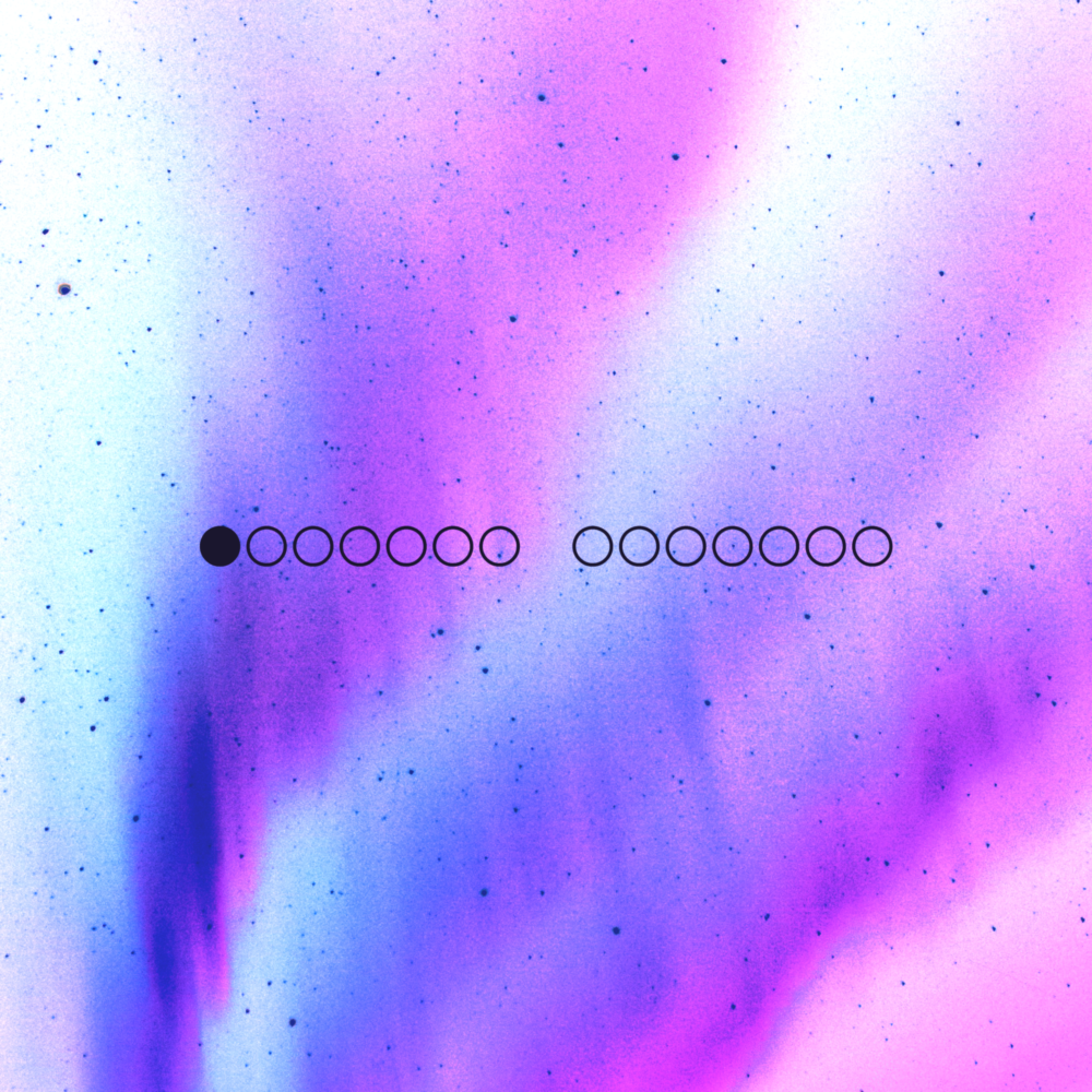 A white sky with purple auroras. There are fourteen black circles in the foreground.