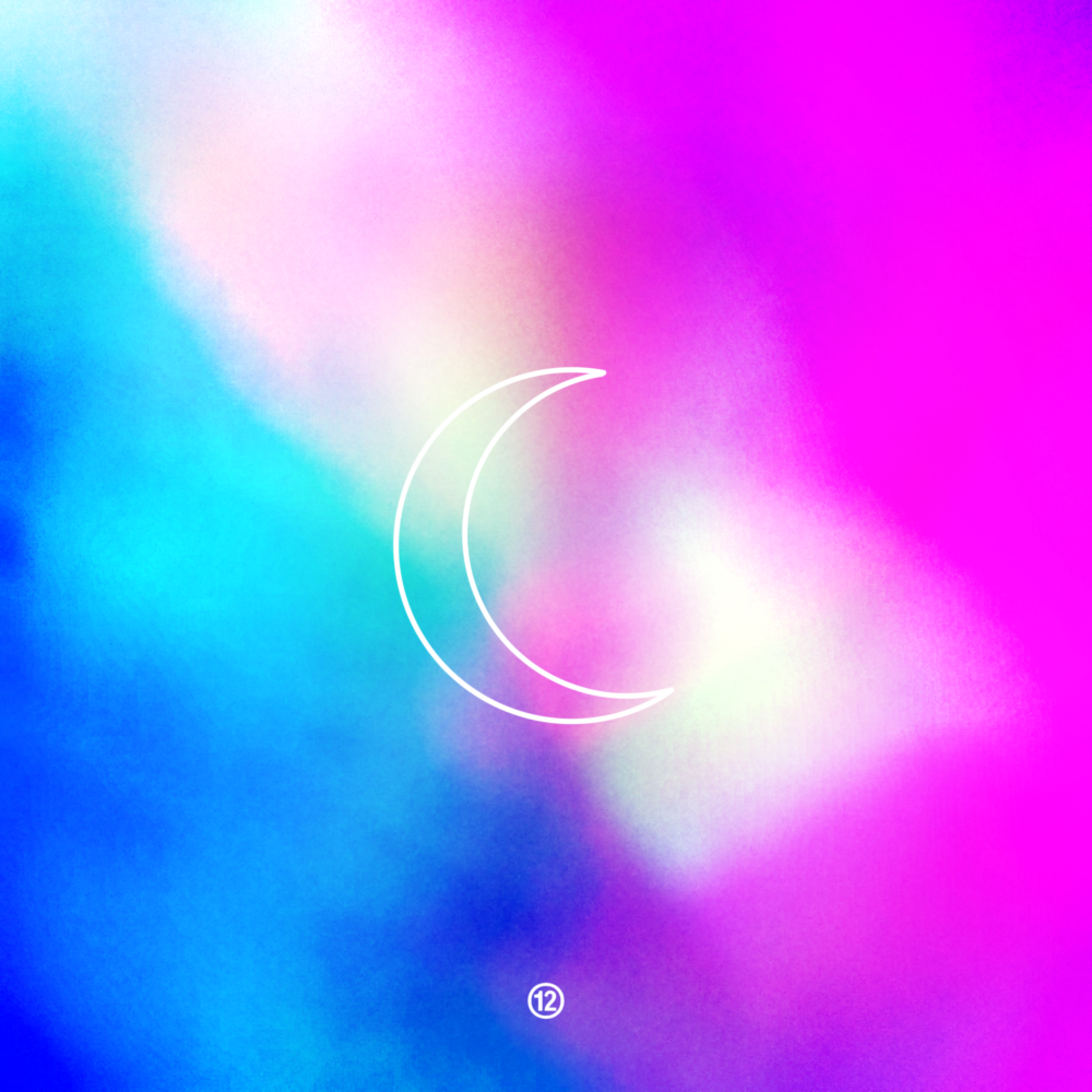 An abstract blue and pink background, with a doodle of a crescent moon.